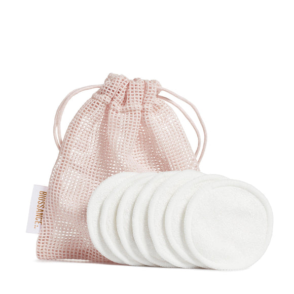 Reusable Cotton Rounds 7-pack with pink drawstring mesh bag